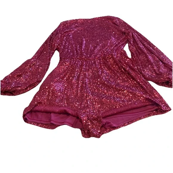 NWOT Free People  Christa Pink Sequin Wrap Romper  W/ Tie Belt - Size M - Picture 6 of 8